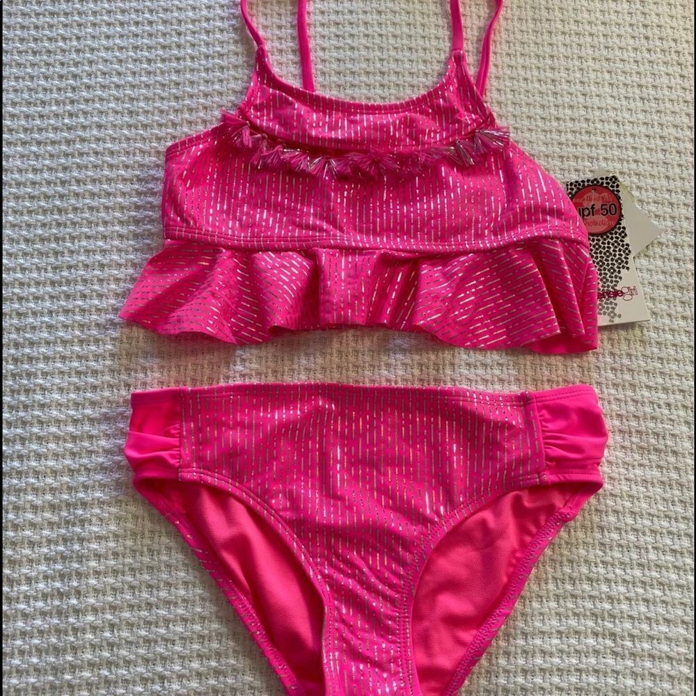 KENSIE GIRL Foil-Striped Ruffle Tassel 2 Piece Swimsuit